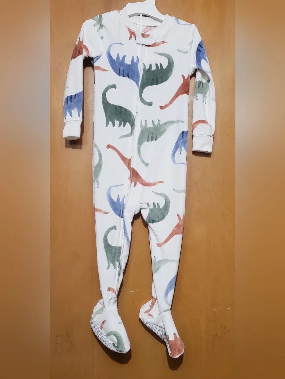 Carter's White Footed One-Piece Pajamas with Green, Blue & Brown Dino Print